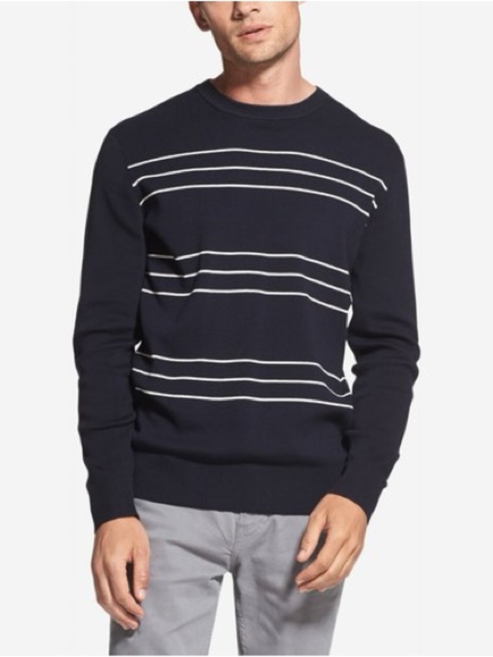 NWT DKNY Men's Cotton Crew Neck Striped Sweater in Navy Size Medium